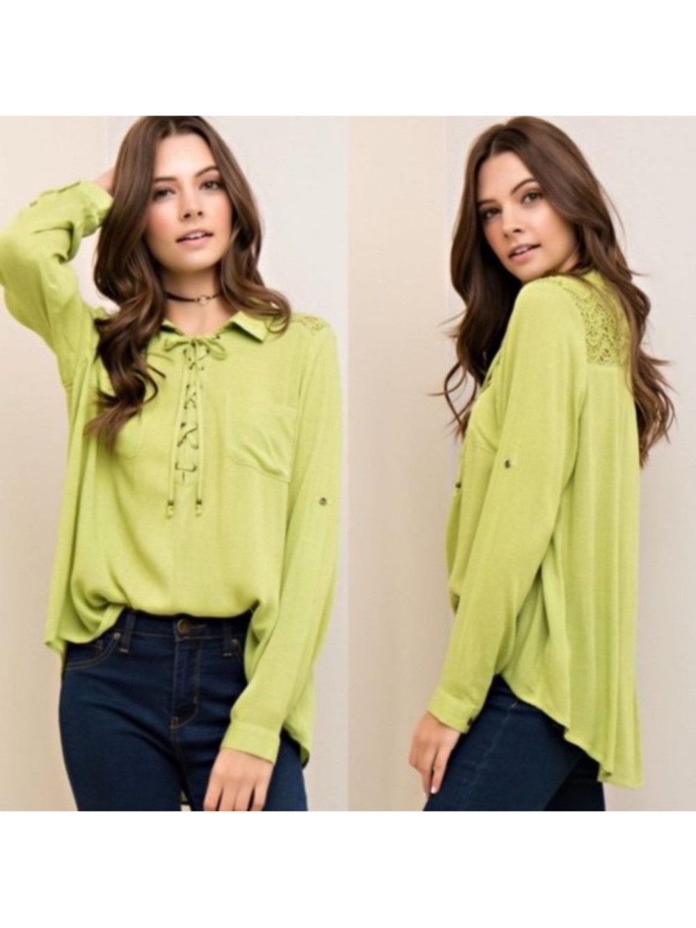 Entro | Vetiver Lace Up Crochet Back Top Lime Green New Small Crinkle High Low